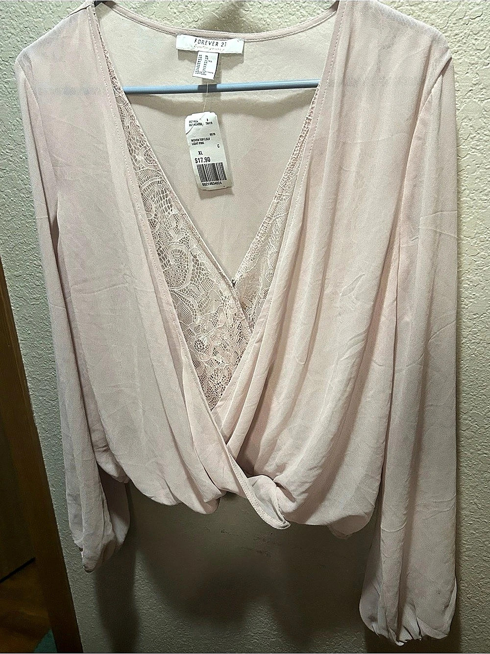 Forever 21 Woven Top Lace Trim Wrap Front Top in Pink XL NWT